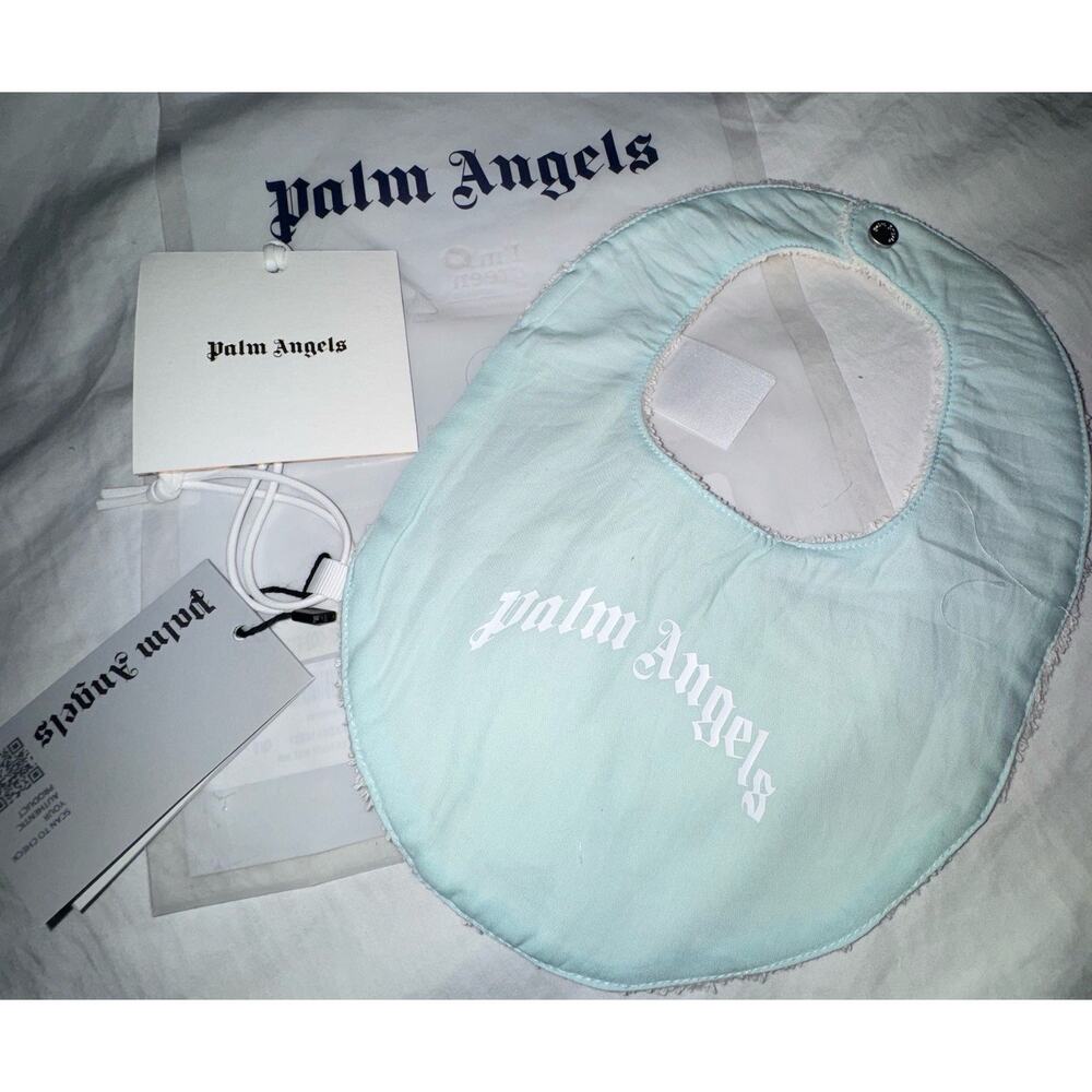 Palm Angels Baby Bib Dusty Blue White Curved Logo Terry Cloth OS NWT Italy